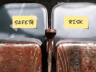 Two vintage cinema theater seats with note label SAFETY and RISK, concept of Managing risks and risk assessment in life work or investment and To to increase safety, must first consider risk
