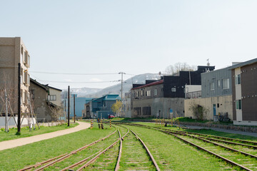 Temiya Line railroad in Otaru, Hokkaido, Japan