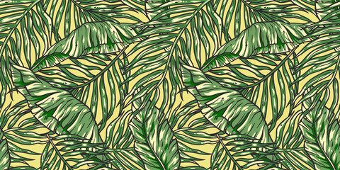 Naklejka na ściany i meble Tropical exotic green leaves or plant seamless pattern for summer background and beach wallpaper