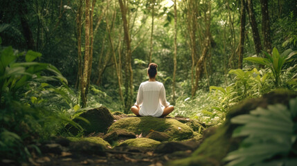 Fototapeta premium Woman practicing yoga in a tranquil outdoor setting, surrounded by lush greenery and the sounds of nature. The person is holding a pose, with their eyes closed and their breath steady. Generative AI