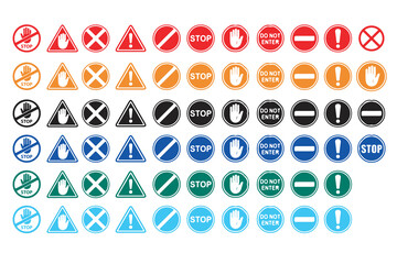 Collection of simple red road stop signs with symbols vector illustration