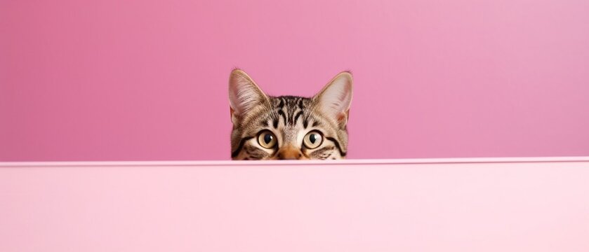 Beautiful funny bengal cat peeks out from behind a pink table  copy space on left