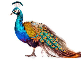 Photo of a colorful peacock on a white background