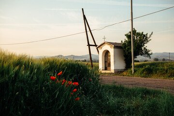 A chapel in a field with poppies in the foreground