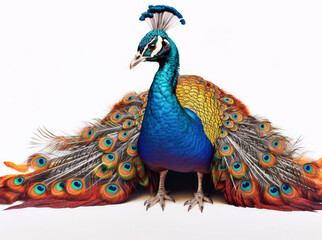 Obraz premium Photo of a colorful peacock on a white background