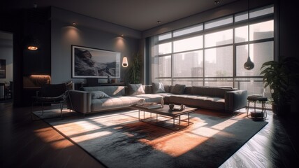 Luxurious spacious living room in a modern building with comfortable upholstered furniture and panoramic windows. Refined interior, high-quality finishing materials. Generative AI