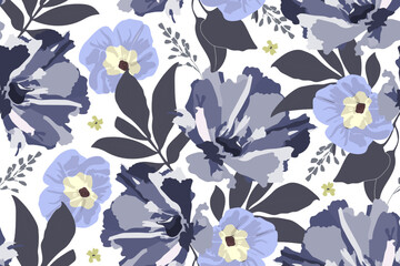 Floral vector seamless pattern. Morning glory, ipomoea. Blue, yellow flowers and leaves