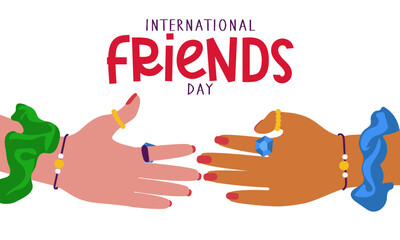 International Friends Day. Two friends with identical jewelry reach out to each other for a handshake. Greeting, friendship, trust, support, approval. Flat design, vector concept, cartoon illustration