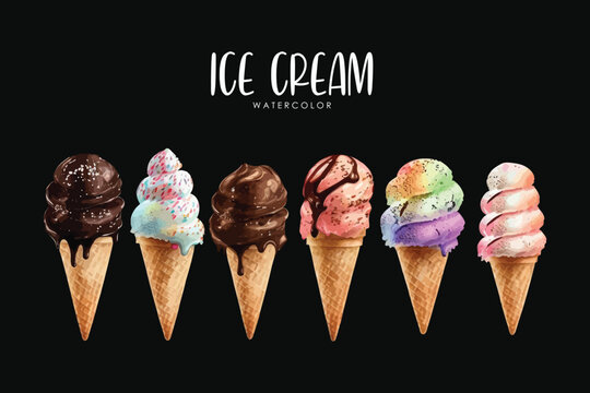 watercolor ice cream set in black background