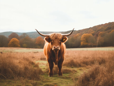 Photo of a highland cow scotland in a field