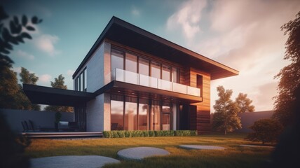 A modern two-story cottage in a minimalist style with large windows, a spacious terrace against the backdrop of a spectacular evening sky. Generative AI