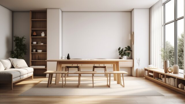 A modern spacious living room in light soothing colors with scandi elements, comfortable minimalist upholstered furniture and a dining area. Large windows and soft daylight. Generative AI