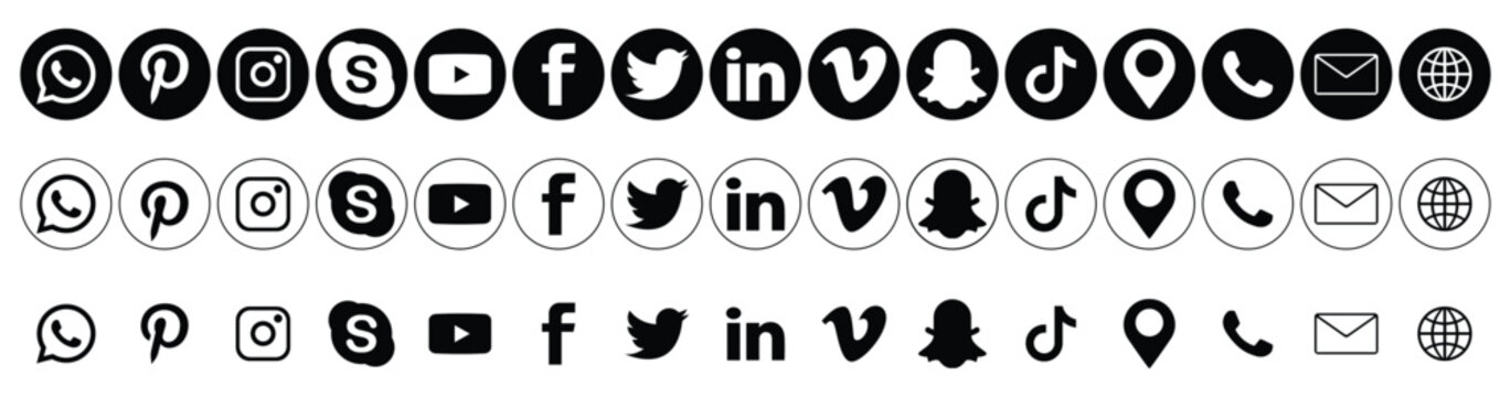 social media round icons. social media logo , facebook, instagram, youtube, skype, tiktok, snapchat, vimeo, twitter, linkedin,whatsapp... icon - social network logos collection set. vector editorial	