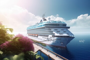 Fototapeta na wymiar A luxurious white ocean cruise ship is moored at the pier on a tropical paradise island surrounded by greenery and flowers. Generative AI
