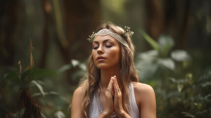 Woman practicing yoga in a tranquil outdoor setting, surrounded by lush greenery and the sounds of nature. The person is holding a pose, with their eyes closed and their breath steady. Generative AI