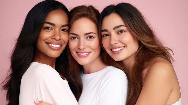 Multiracial women on a pink pastel background, cosmetic natural beauty models, diversity and inclusivity concept, healthy, generative ai