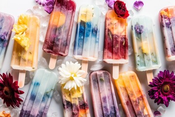 Flat lay photo of frozen popsicles and colorful edible flowers on white background. Natural summer dessert. Generative Ai