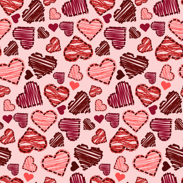 A pattern from a pencil stroke drawing. Colored doodles. The texture of a sketch drawn by hand with pen lines. Transverse or parallel hatching. Red strokes in the heart on a pink background
