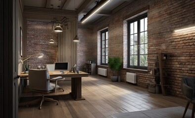 Fototapeta na wymiar Modern office Interior with old vintage brick Wall. Art work business space. Generative Ai.