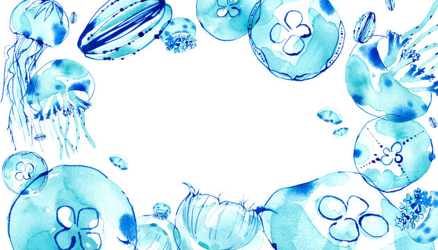 涼しげなクラゲをイメージした水彩イラストによるフレーム装飾。水中イメージ。