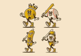 some mascot characters of ball head, baseball ball, skate board and watch