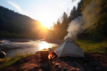 Tent near the river in summer with a fire and a pot from which steam comes from food. AI generated.