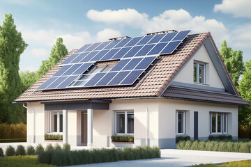 Fototapeta premium Modern white house with a garden and solar panels on the roof against the blue sky. AI generated.