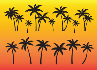 Naklejka na ściany i meble Black palm tree set sunset vector illustration on sunset background silhouette art png
