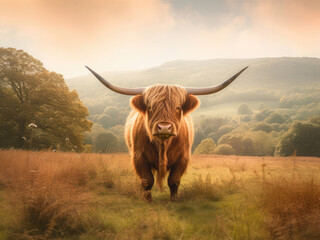 Photo of a highland cow scotland in a field - obrazy, fototapety, plakaty
