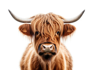 Photo of a highland cow scotland on a white background - obrazy, fototapety, plakaty