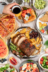 Family dinner or lunch. Many dishes on the table. Top view, copy space