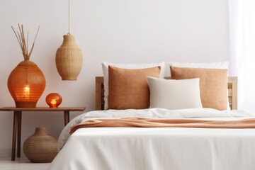 decor home orange indoor pillow bed fall lamp modern design interior. Generative AI.