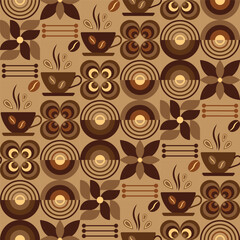 Coffee theme seamless pattern in simple geometric style with abstact shapes. Dark roast level coffee. Good for branding, decoration of food package, cover design, decorative print, background