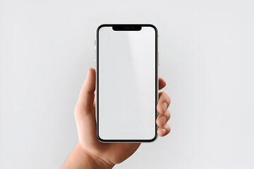 A smartphone in a hand with a blank white display with a white background (Generative AI, Generativ, KI)