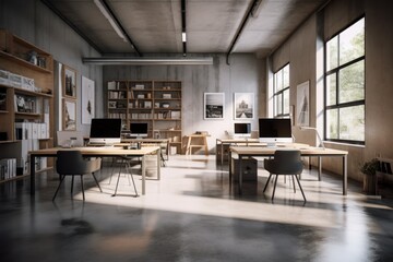 Fototapeta na wymiar Loft-style office, large modern computers, office tables and chairs, light concrete walls and large panoramic windows. Generative AI