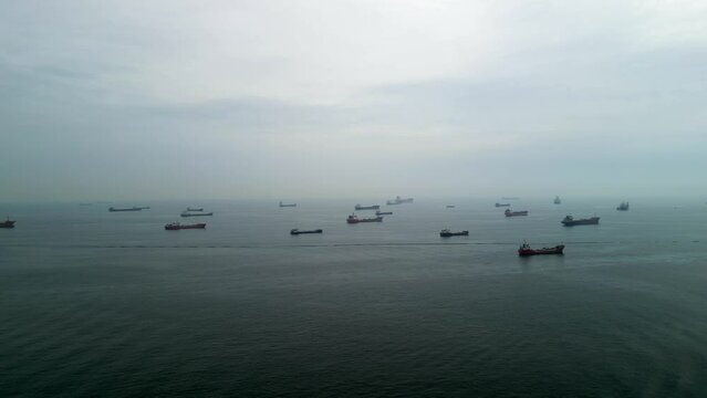 Cargo ships anchored at the Marmara Sea