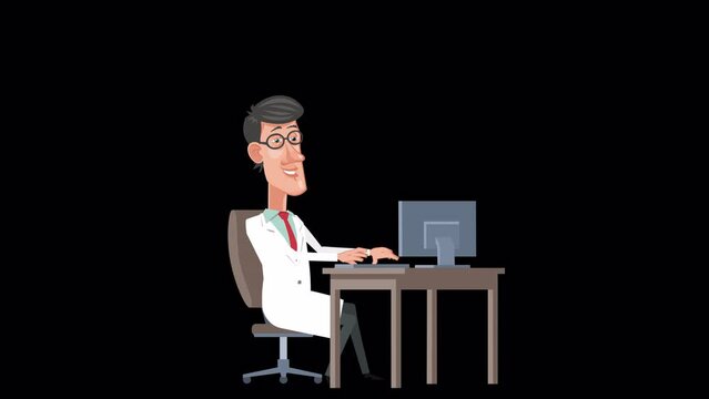 Cartoon young doctor character working with computer at workplace animation with alpha channel