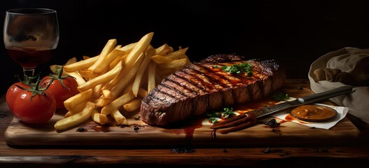 Grilled beef steak with french fries and sauce on a wooden board, a satisfying meal brought to perfection with Generative AI