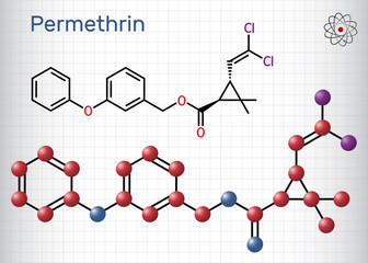 Permethrin molecule. It is insecticide and medication, used in treatment of lice infestations and scabies. Structural chemical formula, molecule model. Sheet of paper in a cage