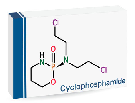 Cyclophosphamide, cytophosphane, CP molecule. It is alkylating agent used in the treatment of several forms of cancer. Skeletal chemical formula. Paper packaging for drugs.