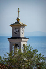 Church of St. Vlas View of the bell tower on Sea background, Sveti Vlas Bulgaria
