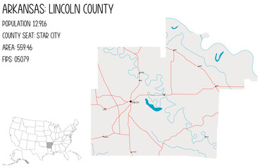Naklejka premium Large and detailed map of Lincoln County in Arkansas, USA.