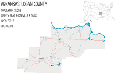 Large and detailed map of Logan County in Arkansas, USA.