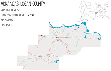 Fototapeta premium Large and detailed map of Logan County in Arkansas, USA.