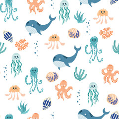 Sea animals seamless pattern. Creative childish vector undersea background. Perfect for kids apparel, fabric, textile, nursery decoration, wrapping paper. Vector underwater life background