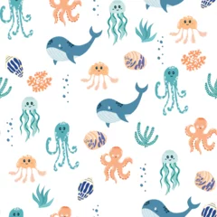 Fototapete Unter dem Meer Sea animals seamless pattern. Creative childish vector undersea background. Perfect for kids apparel, fabric, textile, nursery decoration, wrapping paper. Vector underwater life background