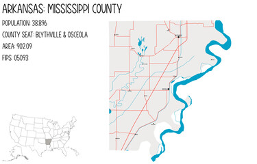 Large and detailed map of Mississippi County in Arkansas, USA.