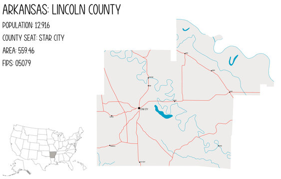 Large and detailed map of Lincoln County in Arkansas, USA.