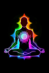 Fototapeta premium Yoga man silhouette in lotus position with rainbow background. digital illustration. Generative AI