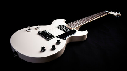 Striking White Electric Guitar Isolated on a Black Background - Perfect for Music Enthusiasts and Rock Legends. - obrazy, fototapety, plakaty